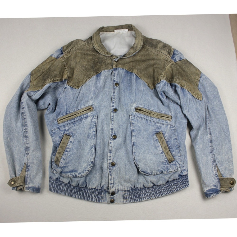 Vintage Acid Wash Denim Leather Western Jacket Ranchwear Americana Cowboy L